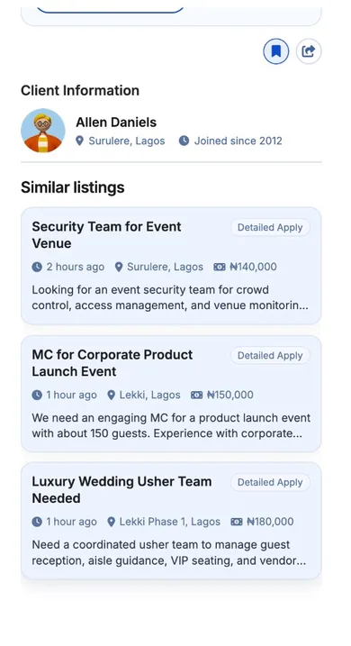 Job Details: Client information and similar listings.