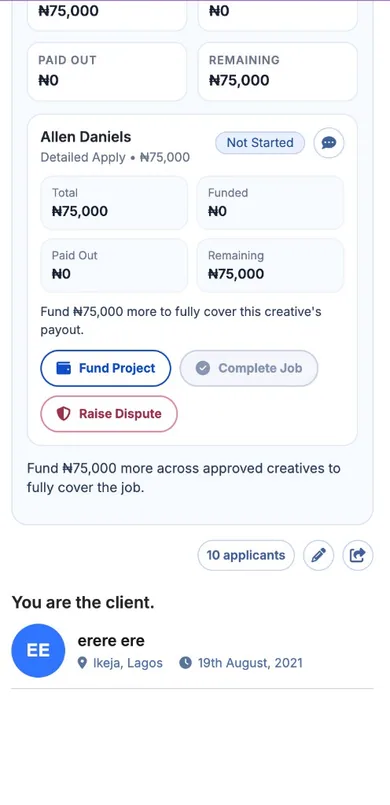 Job Funding & Progress: Fund, complete or raise a dispute for a creative.