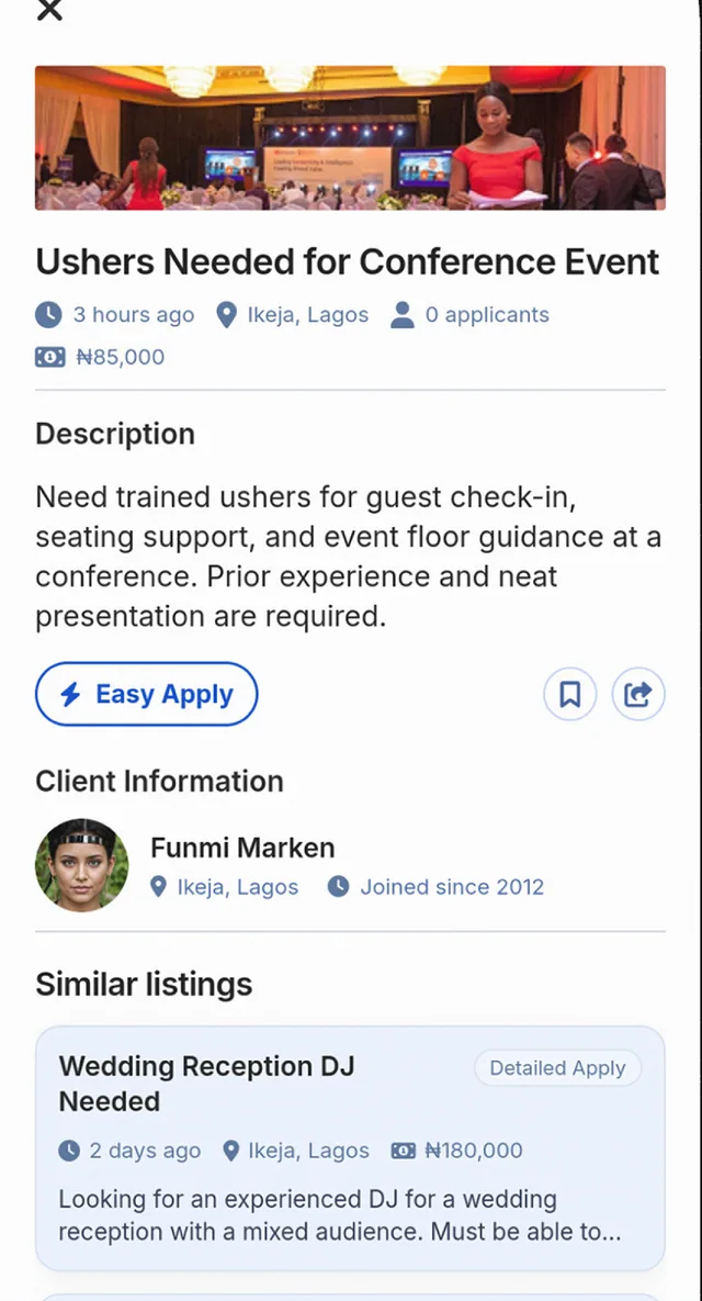 SkillConnect app screen showing a job listing for ushers at a conference event, with the budget, description and an Easy Apply button.