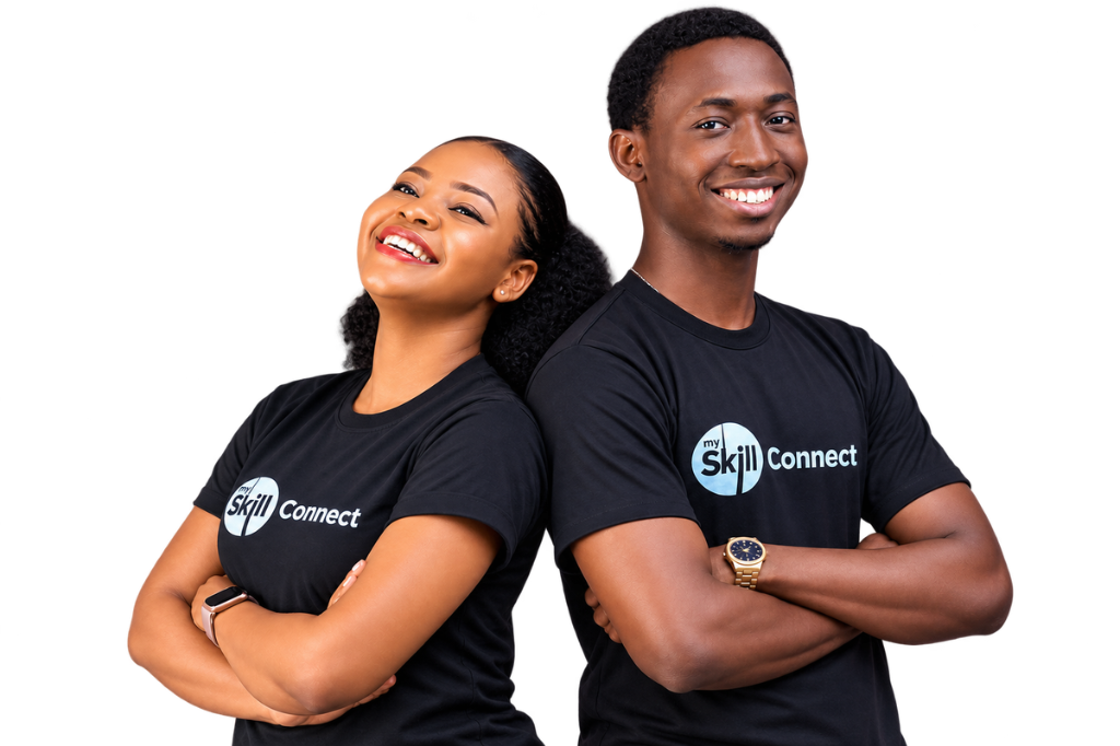 Two people wearing SkillConnect branded shirts, standing back to back and smiling