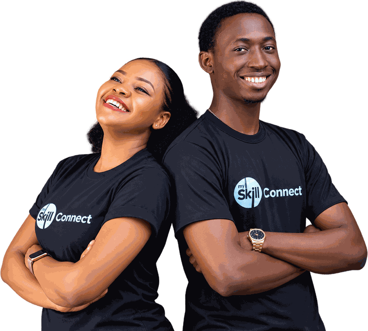 Two Lagos event creatives wearing SkillConnect t-shirts, standing back to back and smiling