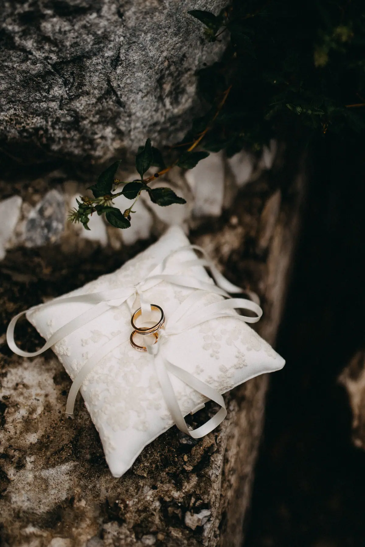 Two gold wedding rings tied on a white lace ring pillow.