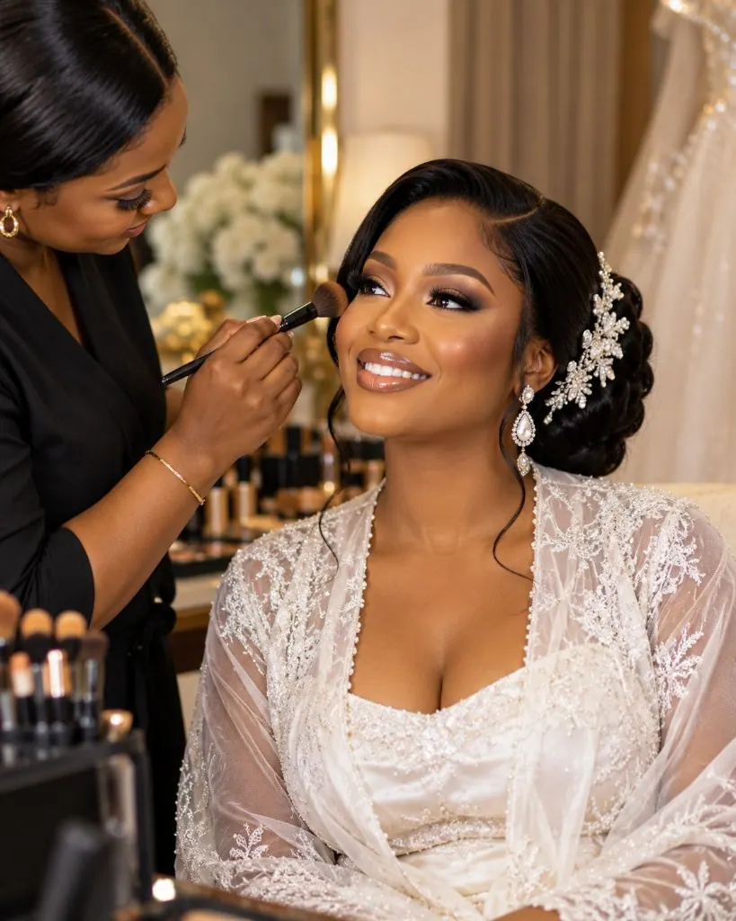 A makeup artist brushing a smiling bride's cheek during bridal preparation.
