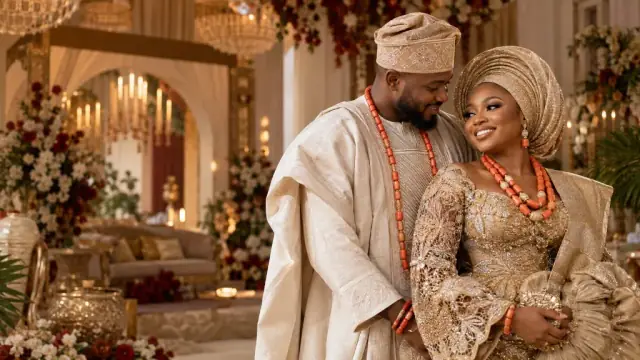 A couple in traditional wedding attire standing close under warm event lighting.